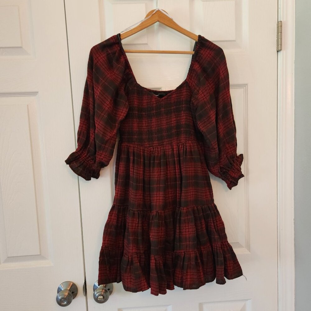 Lulus - No One Cuter Red and Black Plaid Puff Sleeve Tiered Mini Dress - Size S - Picture 5 of 7